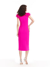 Load image into Gallery viewer, V Neck Feather Shoulder Crepe Midi Dress
