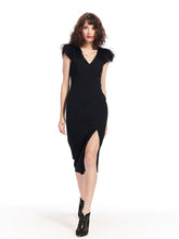 Load image into Gallery viewer, V Neck Feather Shoulder Crepe Midi Dress
