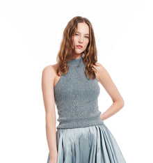 CHAMPAGNE PEARL ENCRUSTED SLEEVELESS MOCK NECK