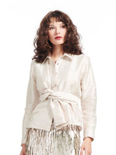 Load image into Gallery viewer, Taffeta Asymmetrical Wrap Shirt with Rhinestone Buttons

