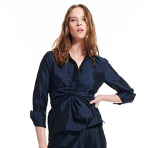 Load image into Gallery viewer, Taffeta Asymmetrical Wrap Shirt with Rhinestone Buttons
