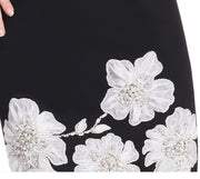 SLEEVELESS STRETCH CREPE DRESS WITH FLOWER APPLIQUE BLACK/IVORY